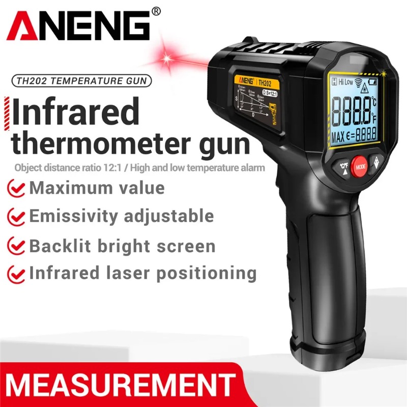 Industrial Laser Thermometer Gun - ANENG TH202 工業用ハンドヘルド温度計カーテスト非接触 IR レーザー熱温度ガンポイント HD