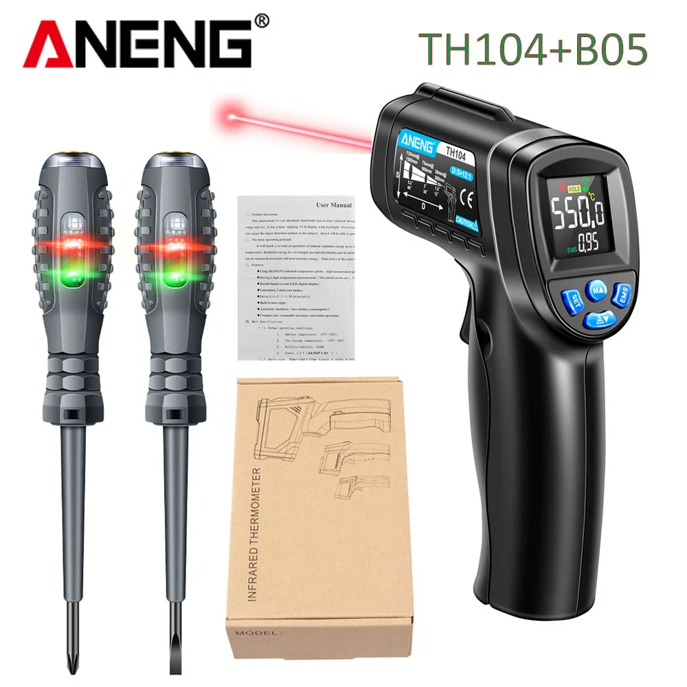 Industrial Laser Thermometer Gun - 赤外線温度計工業用赤色レーザー温度計ガンVAスクリーンパイロメーターANENG 104-b05電圧テストスクリュードライバーツールキット