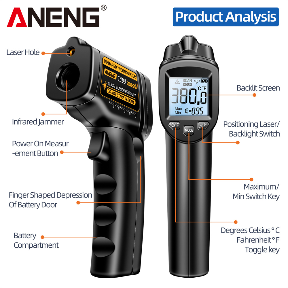 赤外線レーザー温度計工業用温度ガン ANENG TH103  - Industrial Laser Thermometer Gun のレビューと価格