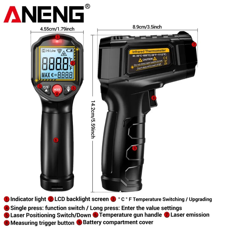ANENG TH202 非接触赤外線温度計 工業用ハンドヘル - Industrial Laser Thermometer Gun のレビューと価格